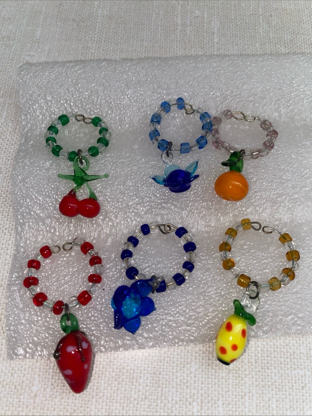 Vintage Wine Charms Lot of 6 Blown Glass metal Fruit Flowers Shaped